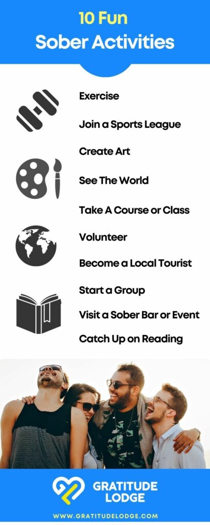an infographic created by Gratitude Lodge detailing 10 fun sober activities
