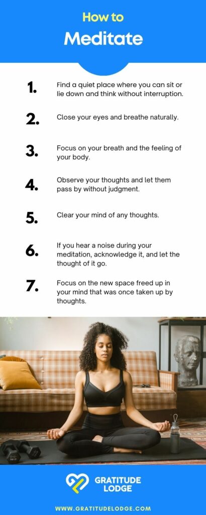 an infographic created by Gratitude Lodge detailing how to meditate